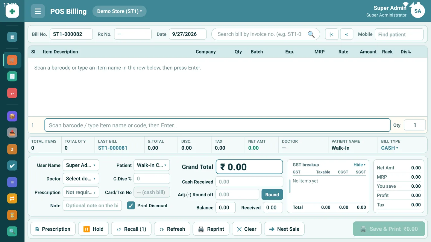 SigaMeds tablet POS billing screen